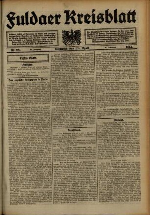 Erste Ausgabe vom Mittwoch, den 22. April 1914.