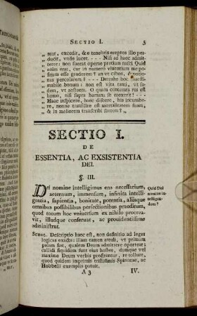 Sectio I. De essentia, ac exsistentia dei.