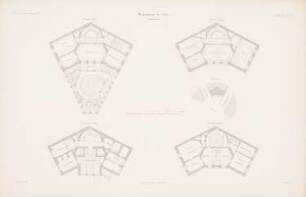 Wohnhaus, Köln: Grundriss Keller, EG, 1.OG, 2.OG (aus: Atlas zur Zeitschrift für Bauwesen, hrsg. v. G. Erbkam, Jg. 9, 1859)