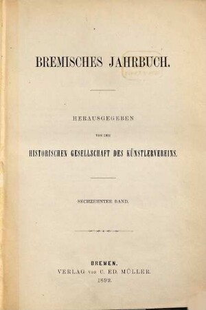 Bremisches Jahrbuch, 16. 1892