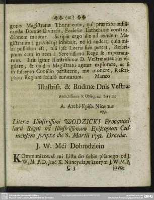 Literae Illustrissimi Wodzicki Procancellarii Regni ad Illustrissimum Episcopum Culmensem scriptae die 8. Martii 1752. Dresdae