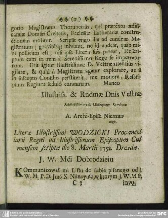 Literae Illustrissimi Wodzicki Procancellarii Regni ad Illustrissimum Episcopum Culmensem scriptae die 8. Martii 1752. Dresdae