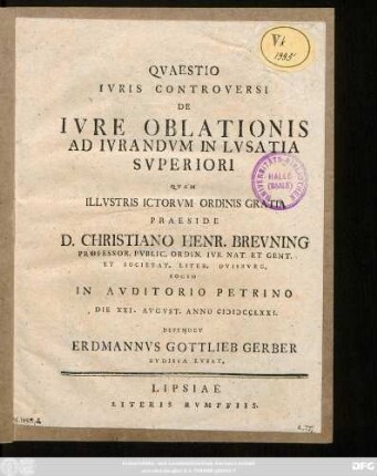 Qvaestio Ivris Controversi De Ivre Oblationis Ad Ivrandvm In Lvsatia Svperiori