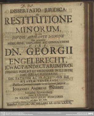 Dissertatio Juridica de Restitutione Minorum