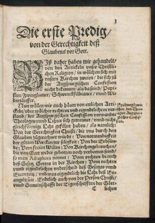 Die erste Predig/ von der Gerechtigkeit deß Glaubens vor Gott.