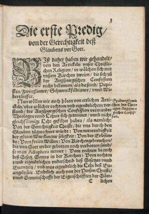 Die erste Predig/ von der Gerechtigkeit deß Glaubens vor Gott.
