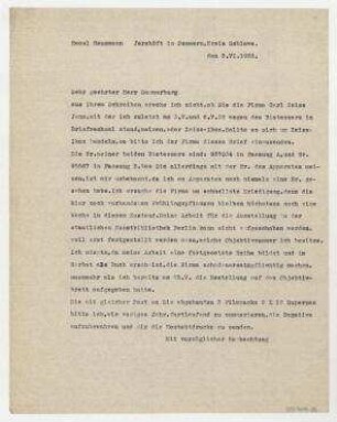 Brief von Raoul Hausmann an Herrn Sommerburg. Jershöft