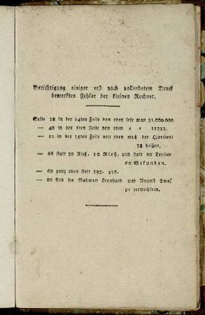 Berichtigung einiger erst nach vollendetem Druck bemerkten Fehler der kleinen Rechner.