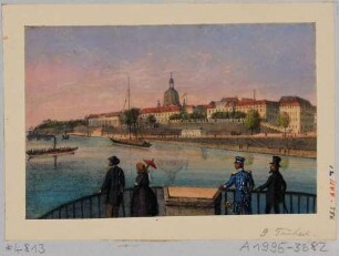 Blick von der Elbbrücke (alte Augustusbrücke, 1727-31 von Pöppelmann) nach Südosten auf die Altstadt mit Brühlscher Terrasse und Frauenkirche