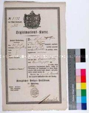 Preußische Legitimationskarte für Lieutnant von Boyen über Wohnung in einem cholerafreien Haus und Reiseerlaubnis von Berlin über Oranienburg nach Neu-Ruppin