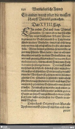 Ein ander, unnd uber die massen scharpff Vitriolöl zumachen. Das XVIII. Cap.