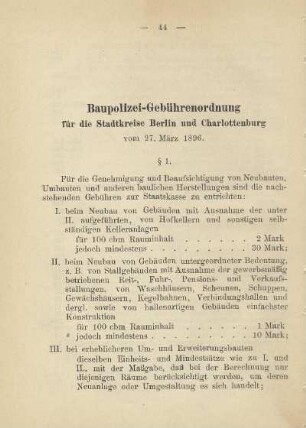 Baupolizei-Gebührenordnung für die Stadtkreise Berlin und Charlottenburg vom 27. März 1896