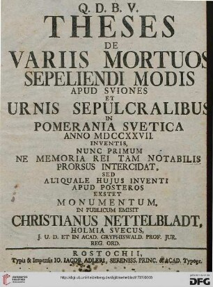 Theses De Variis Mortuos Sepeliendi Modis Apud Sviones Et Urnis Sepulcralibus In Pomerania Svetica Anno MDCCXXVII. Inventis
