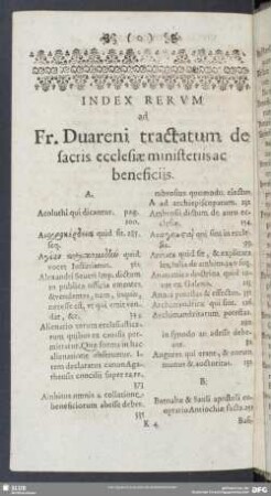 Index Rerum ad Fr. Duareni tractatum de sacris ecclesiae ministeriis ac beneficiis