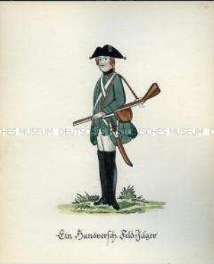 Uniformdarstellung, Feld-Jäger, Kurfürstentum Braunschweig-Lüneburg, 1760/1761. Kopie der Originaltafel 84 aus Becher: Wahrhaftige Nachrichten.