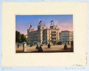 Das Victoria-Hotel (1852 eröffnet, 1892 für Victoriahaus abgerissen) zwischen Friedrichsring, Prager Straße und Waisenhausstraße in Dresden von Nordwesten