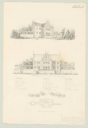 Landhaus mit Ziegeldach Monatskonkurrenz Dezember 1843: Grundriss Erdgeschoss, Aufriss Vorderansicht, perspektivische Ansicht; Maßstabsleiste, Raumplan