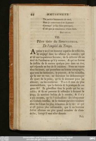 VIII. Pièce tirée du Spectateur. De l'emploi du Temps.