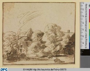 Landschaft mit kauernder Frau am Teich