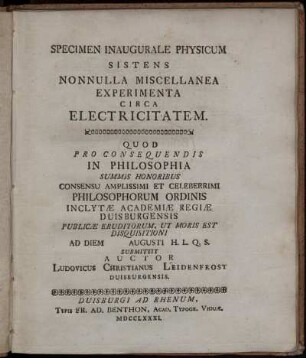Specimen Inauguralis Physicum Sistens Nonnulla Miscellanea Experimenta Circa Electricitatem