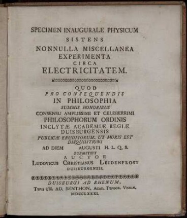 Specimen Inauguralis Physicum Sistens Nonnulla Miscellanea Experimenta Circa Electricitatem