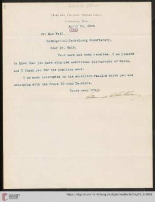Briefe von Edward Charles Pickering an Max Wolf: Brief von Edward Charles Pickering an Max Wolf