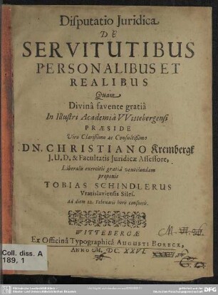 Disputatio juridica de servitutibus personalibus et realibus
