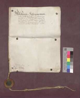 Instrument über die Abtretung der Pfandherrschaft Kürnberg und Kenzingen an Hans Paumgartner von Paumgarten zu Hohenschwangau und seine Söhne.