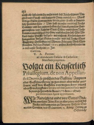 Volget ein Keyserlich Privilegium de non Appellando a Decretis ...