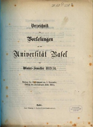 Verzeichnis der Vorlesungen. 1873/74. WS.