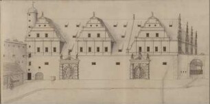Dresden, Zeughaus (später Albertinum), Aufriss : Dresden, Kurfürstliches Zeughaus (seit 1887 Albertinum). Aufriss der Fassade zum Zeughof, in: "Artilleri, Zeichnungen von Geschützrohren, Blatt 60, unbekannter Zeichner, 1. Hälfte 18. Jh. Feder, Pinsel in Wasserfarbe/Papier, 35,4 x 72,1 cm.