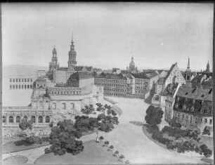 Unbekannter Künstler. Dresden, Blick vom heutigen Postplatz nach Ost, links Zwinger (nach Beseitigung der Opernhausruine - hinter Zwinger Staatsarchiv, rechts Hofmaschinenhaus, Gemäldegalerie im Bau)