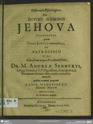 Dissertatio philologica de divina nominis Jehova anekphōnēsei