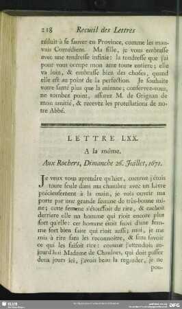 Lettre LXX. A la même. Aux Rochers, Dimanche 26. Juillet, 1671