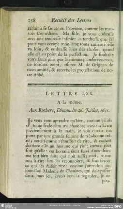 Lettre LXX. A la même. Aux Rochers, Dimanche 26. Juillet, 1671