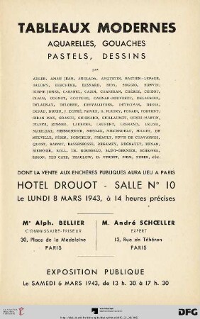 Tableaux modernes : aquarelles, gouaches, pastels, dessins par Adler, Aman Jean ... Zuber, etc. ; dont la vente aux enchères publiques aura lieu à Paris, Hôtel Drouot le lundi 8 mars 1943