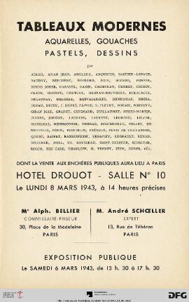 Tableaux modernes : aquarelles, gouaches, pastels, dessins par Adler, Aman Jean ... Zuber, etc. ; dont la vente aux enchères publiques aura lieu à Paris, Hôtel Drouot le lundi 8 mars 1943