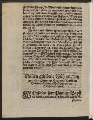 Unsern geliebten Sühnen/ den dreyzehen Orten der Eydgnodschafft im Oberdeutschland/ Beschützern der Kirchen freyheit.