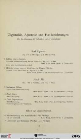 Ölgemälde, Aquarelle und Handzeichnungen (Nr. 1-217)
