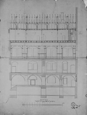 Dresden, Schloß: Längsschnitt Großer Ballsaal : Dresden, Schloß: Nordflügel, Großer Ballsaal in der 2. Etage. Längsschnitt durch den Bauteil, Zeichnung, 1880. Dresden, Institut für Denkmalpflege
