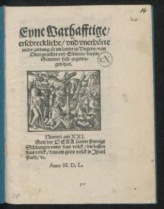 Eyne Warhafftige/ || erschreckliche/ vnd vnerhörte || newe zeittung/ so im lande zu Vngern/ von || Ottergezichte vnd Eidexen/ diesen || Sommer sich zugetra=||gen hat.|| ... ||