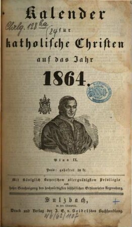 Kalender für katholische Christen : auf d. Jahr ... 24. 1864