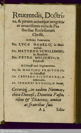 Reverendis, Doctrina & pietate, animique integritate ornatissimis viris, & Pastoribus Ecclesiarum Christi