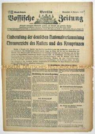 Tageszeitung "Vossische Zeitung" zur Abdankung Kaiser Wilhelms II.
