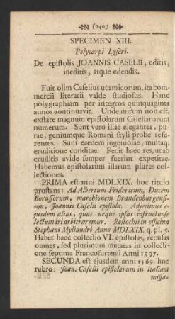 Specimen XIII. Polycarpi Lyseri. De epistolis Joannis Caselii, editis, ineditis, atque edendis