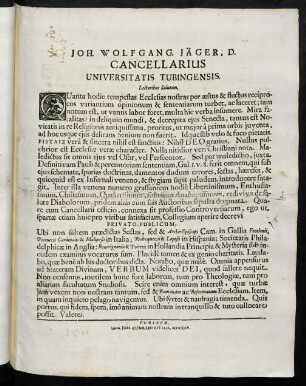 Joh. Wolfgang. Jäger, D. Cancellarius Universitatis Tubingensis. Lectoribus Salutem
