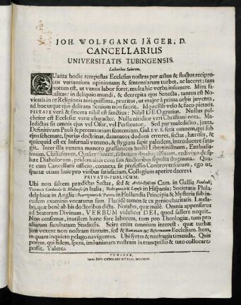 Joh. Wolfgang. Jäger, D. Cancellarius Universitatis Tubingensis. Lectoribus Salutem