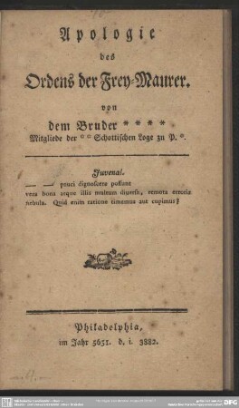 Apologie des Ordens der Frey-Maurer