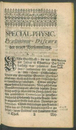 Special-Physic. Praeliminar-Discurs der neuen Versammlung