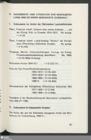 9. Dokumente und Literatur zur Musikabteilung und zu ihrer Geschichte (Auswahl)